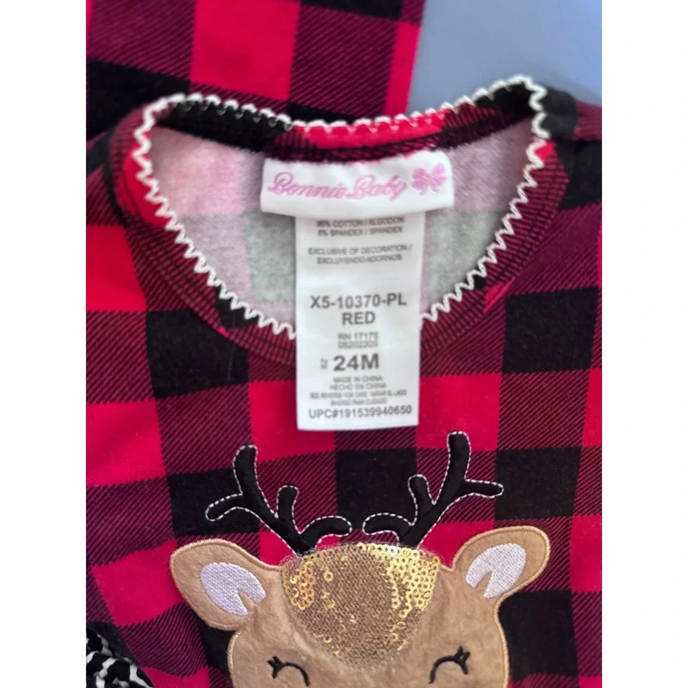 Bonnie Baby Christmas Reindeer Buffalo Plaid Tunic & Bell Bottom Pants Set 24M